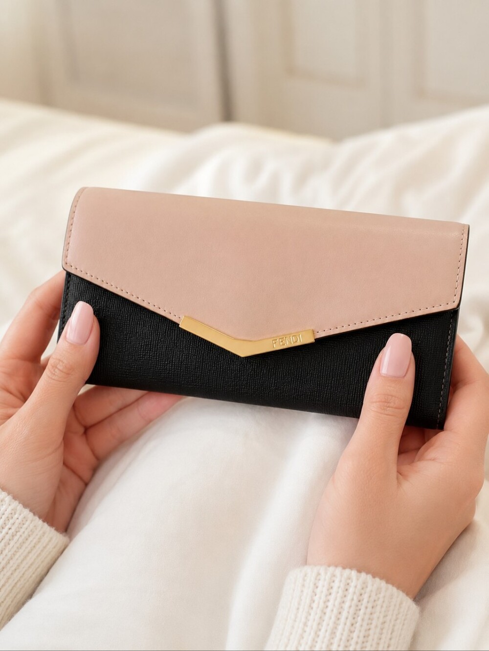 Fendi Bicolor Leather Continental Wallet Blush Black Gold Tone